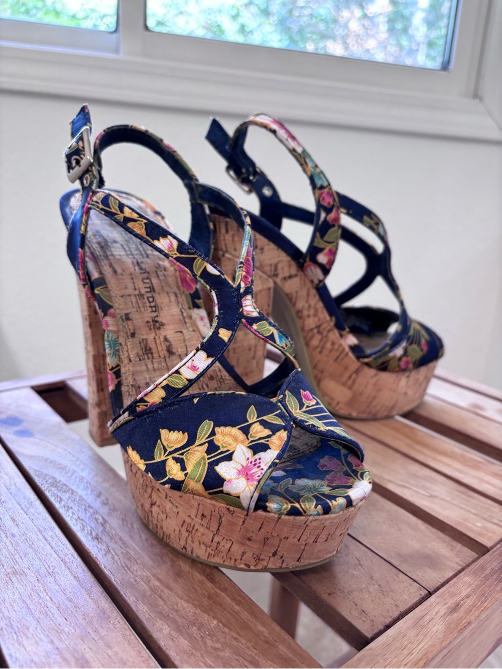 Chinese Laundry Navy Floral Cork Platform Heels - Picture 1 of 7